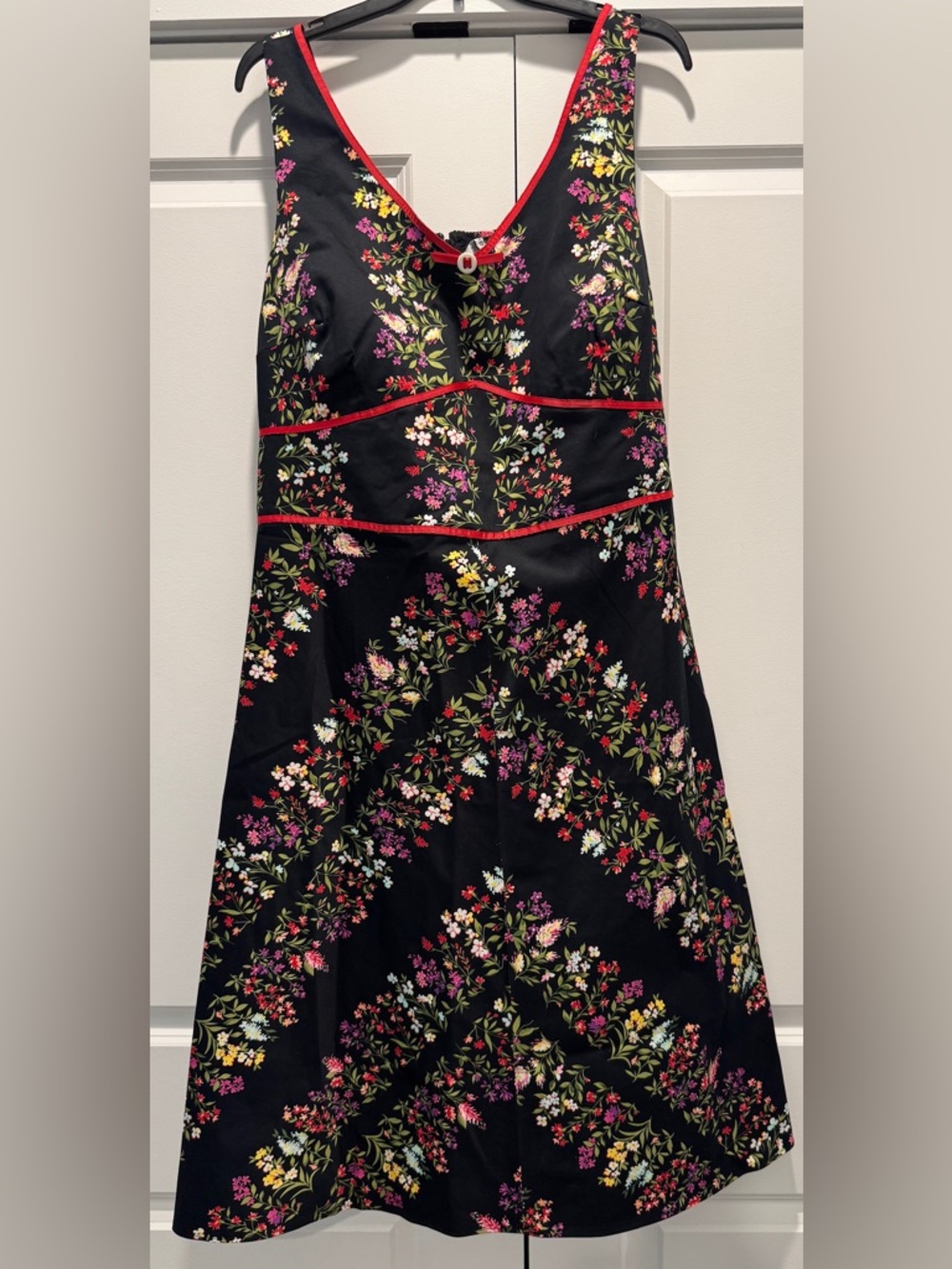 madison leigh Black Floral Dress with Red and Pink Accents
